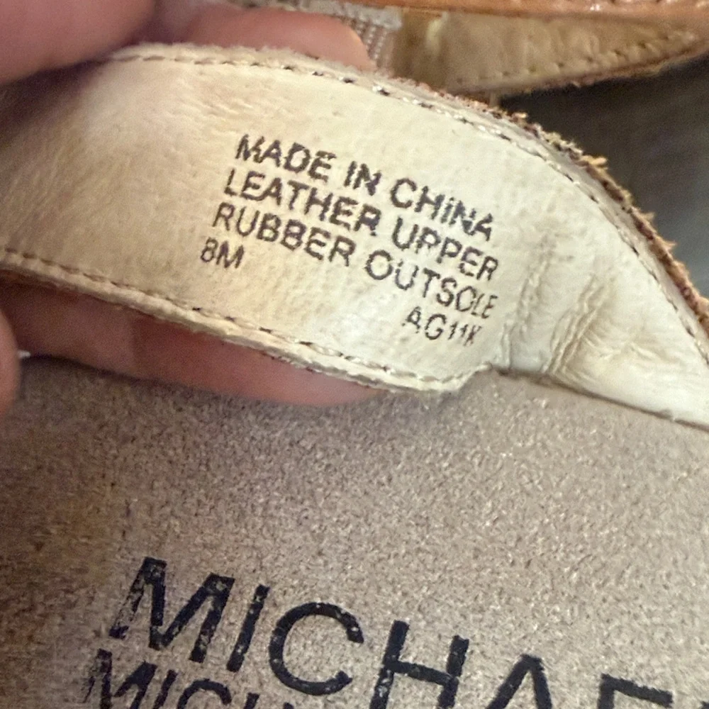 Michael Kors Camel Leather Espadrille Wedge Sandals G Buckle Ankle Strap Size 8